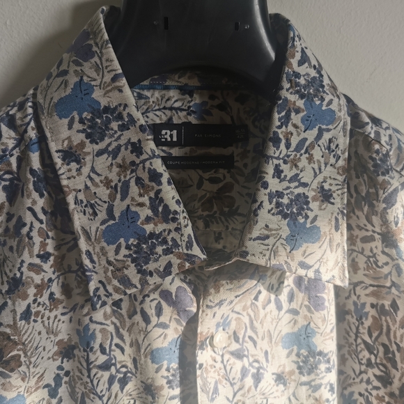 Le 31 by Simons White, Blue and Brown Floral Button-Down Shirt Size 42L - Picture 1 of 7